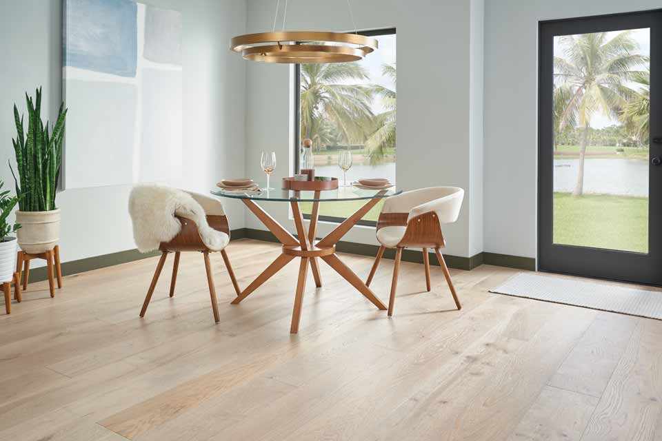 light white oak hardwood in dining room of modern beach house